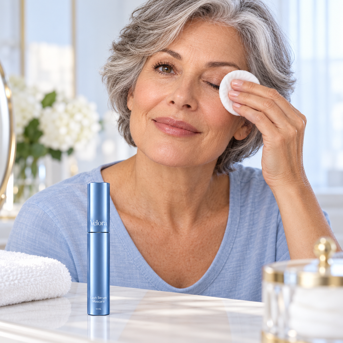 Mature woman gently removing mascara with a cotton pad